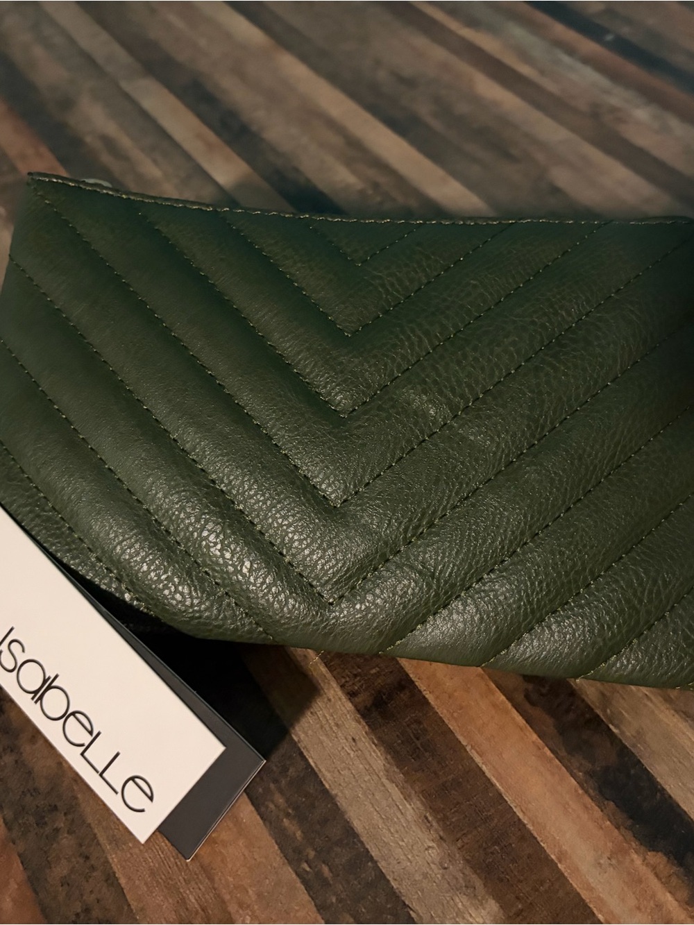 Isabelle Olive Green Quilted Leather Clutch with Detachable Crossbody Strap. NWT